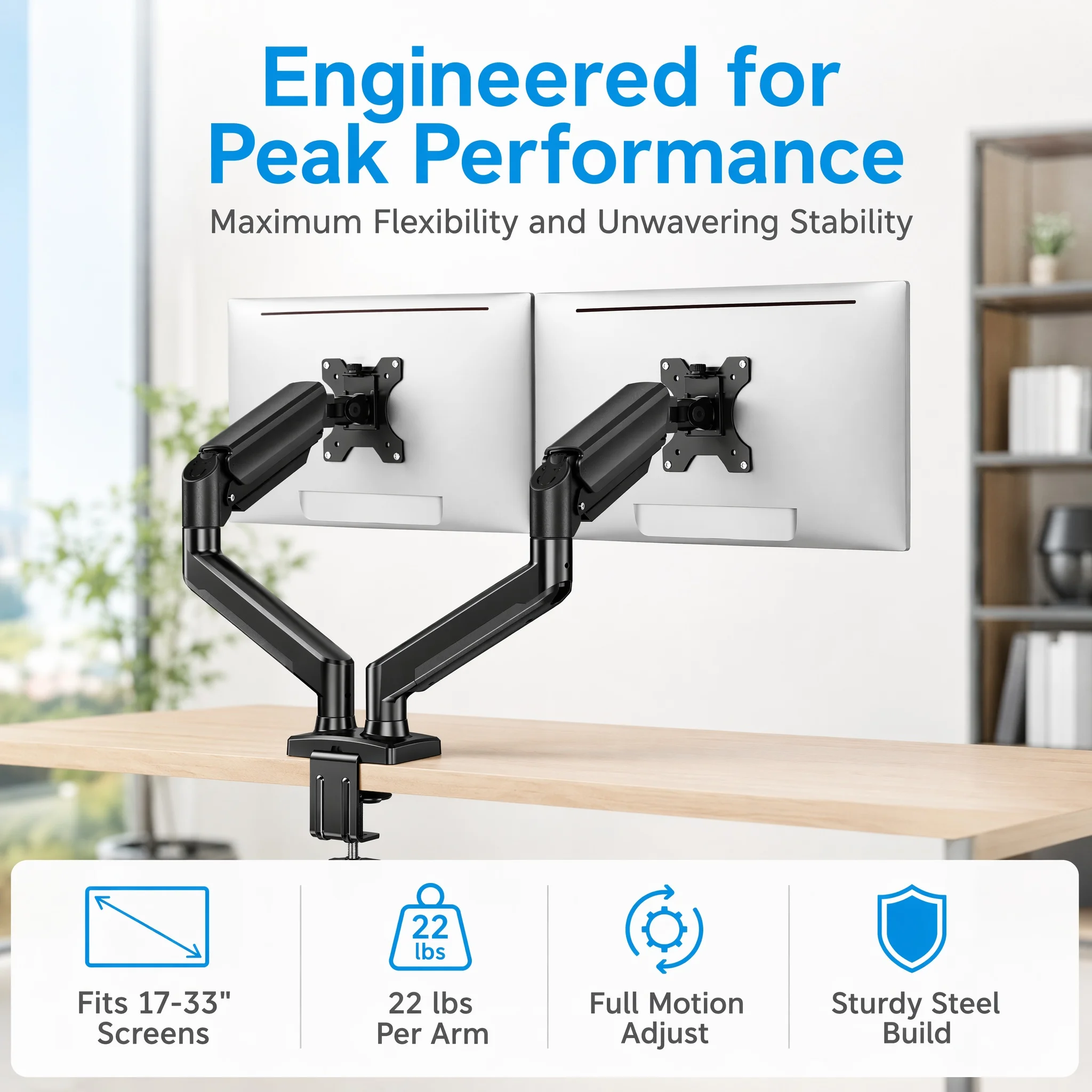Soporte para dos monitores de hasta 33 pulgadas, capacidad de carga máxima de 22 lbs por brazo, soporte ajustable para dos monitores, soporte de monitor VESA de acero resistente con VESA estable de 75x75 100x100 mm