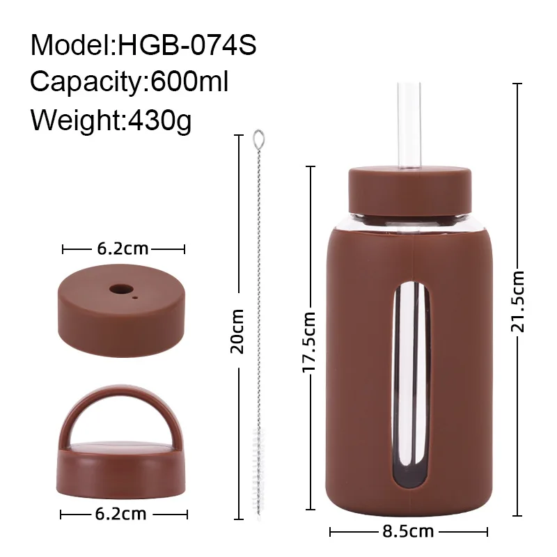 Taza de vidrio de 600ml, tapas dobles, funda de silicona, aislamiento térmico anticaliente, gran capacidad, portátil para exteriores, botella de agua graduada, taza
