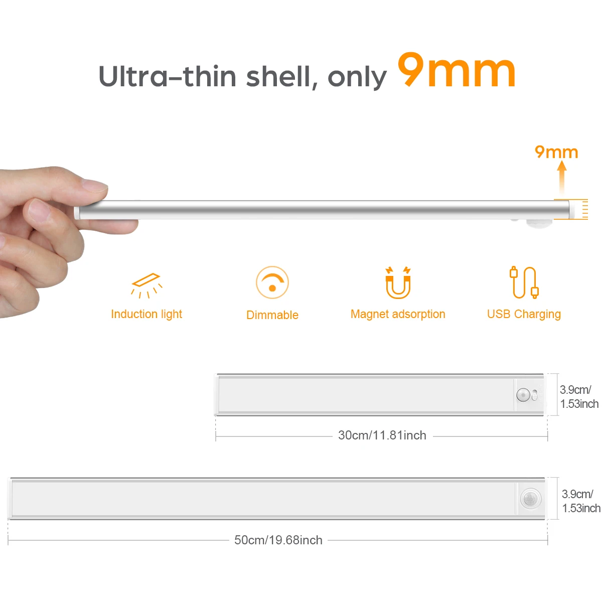 Barra de luz LED recargable por USB, batería de alta capacidad, Sensor de movimiento de aluminio, tira magnética para escaleras, armario, lámpara de noche