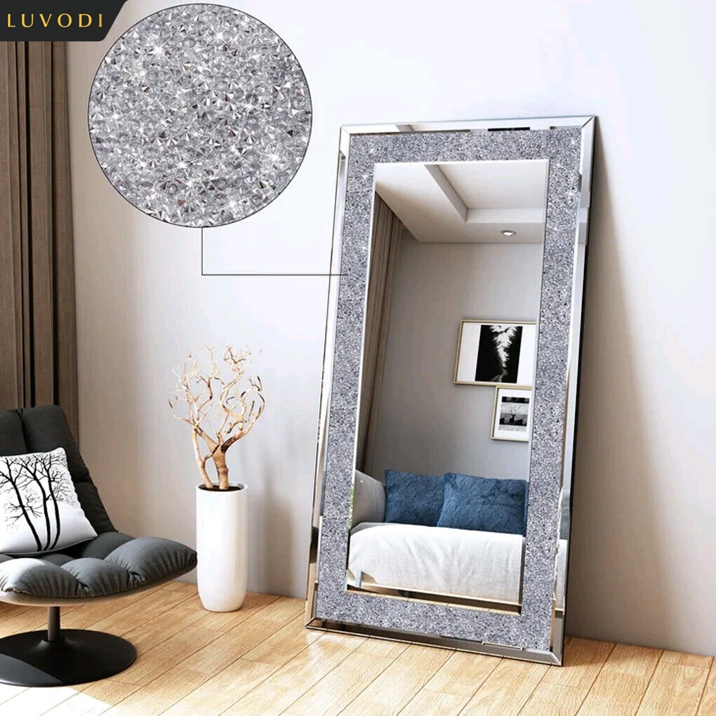 LUVODI Espejos de tocador sin marco con diamantes de imitación de cristal brillante plateado grande Espejo de tocador montado en la pared para el hogar/Hotel