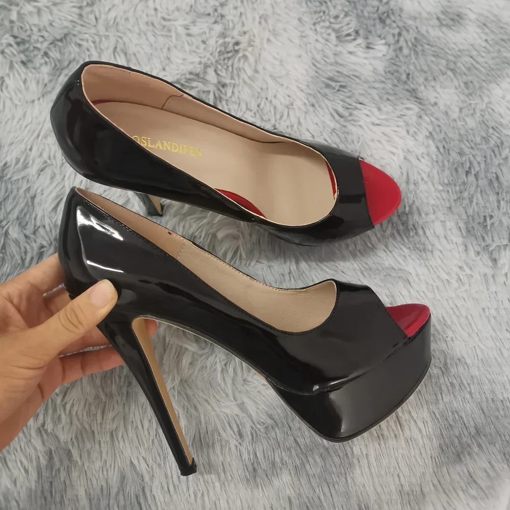 LOSLANDIFEN, zapatos de tacón sexis con plataforma peep toe de 14cm, tacones súper altos, zapatos de charol, tacones de aguja rojos para boda, talla grande 44