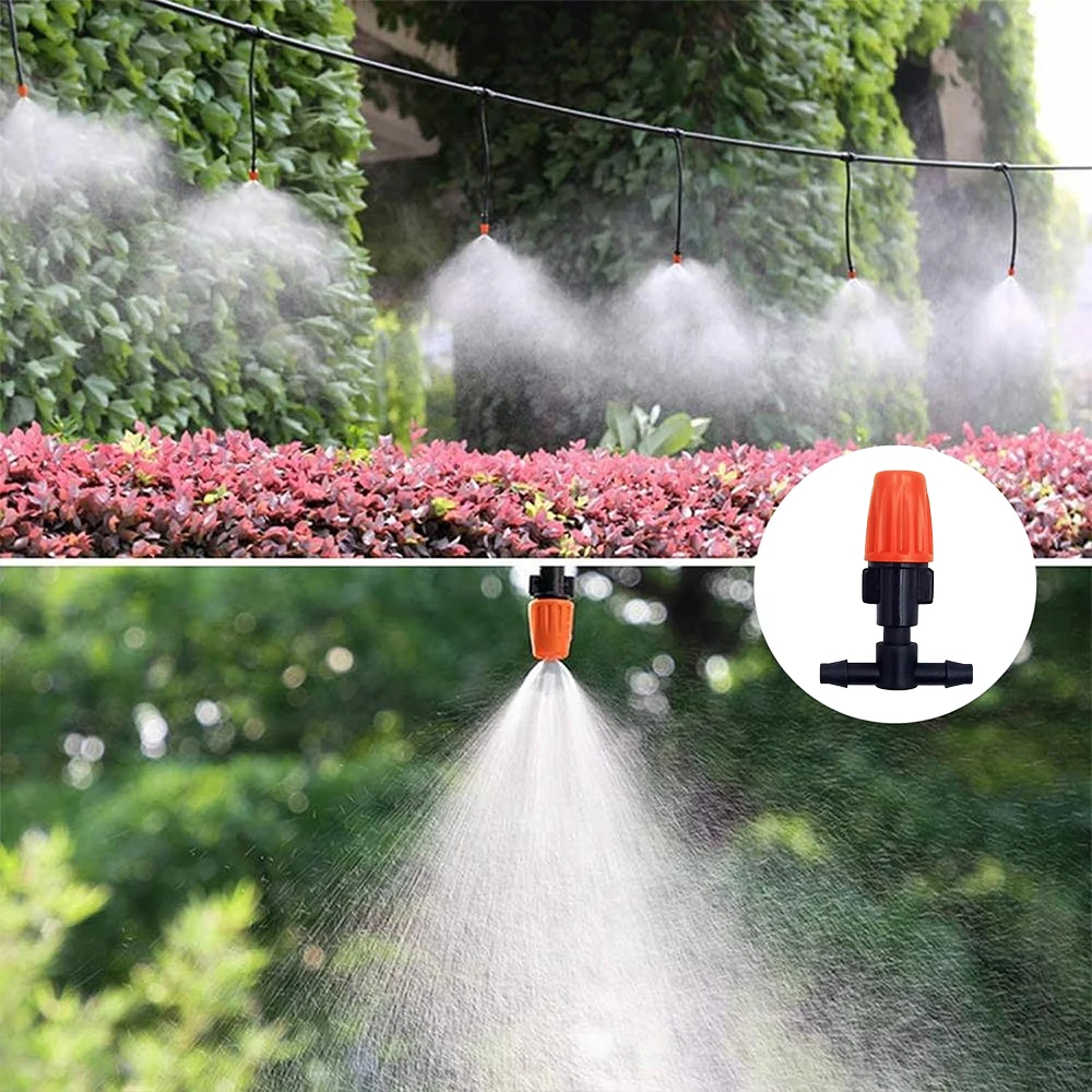 Kit de riego con boquillas antiniebla, sistema de riego automático de plantas con nebulización por pulverización para jardín de 5M-20M con manguera y conector de PE 4/7