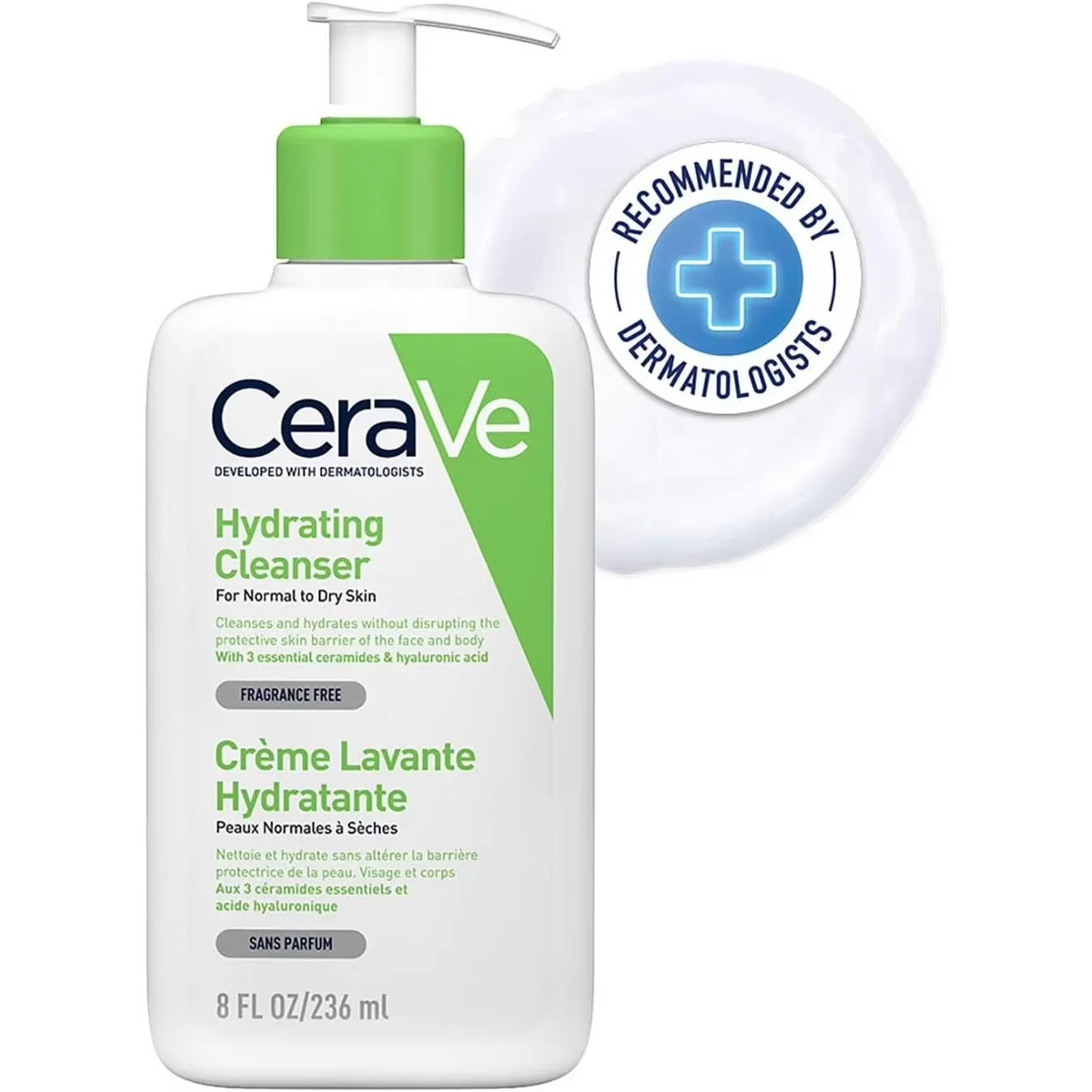 Limpiador Hidratante CeraVe 236ml, Lavado Suave Multiusos para Rostro y Cuerpo con Piel Normal a Seca, Sin Fragancia