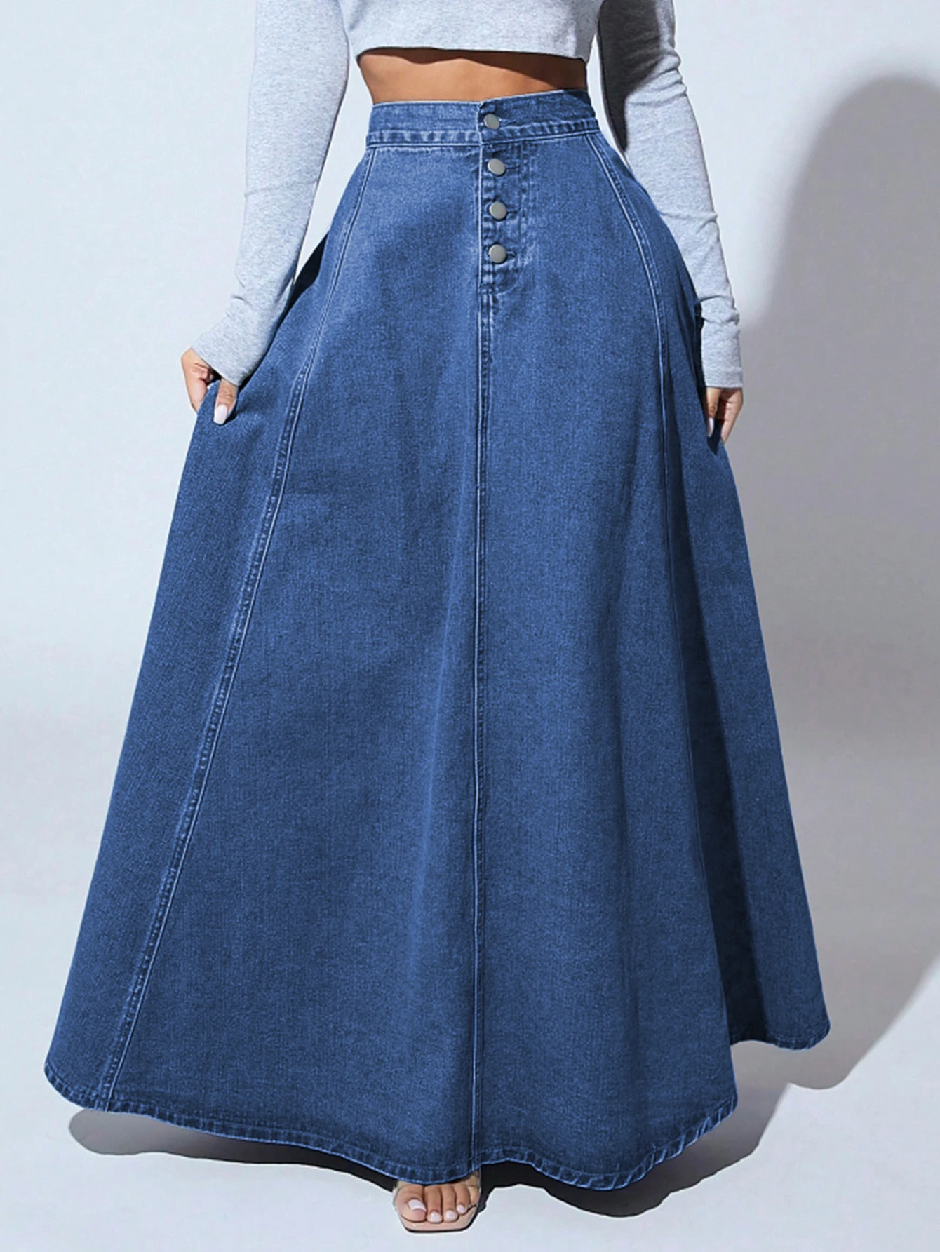 Falda vaquera maxi de mujer con botones delanteros, cintura alta, estilo vintage, línea A, larga, casual y acampanada