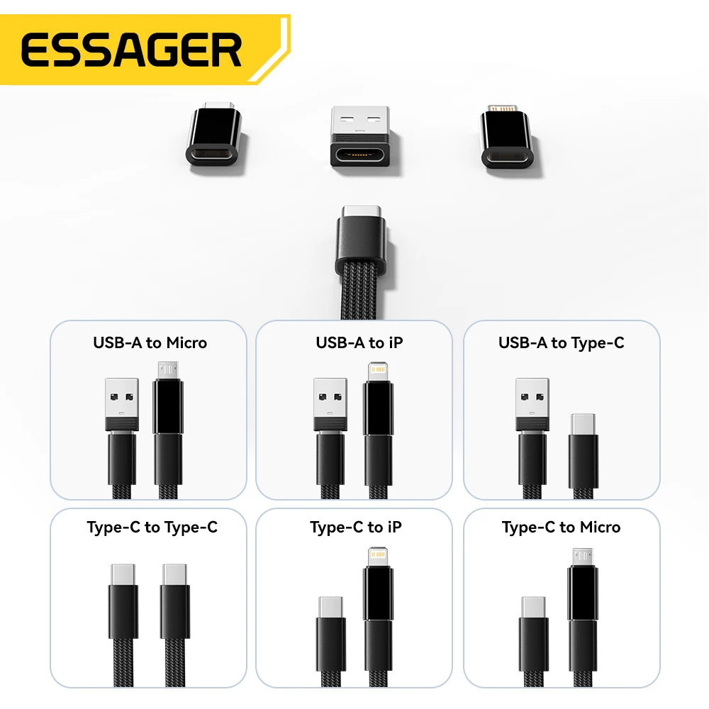 Cable de Datos USB Tipo C Multifuncional Essager PD 60W con Carga Rápida para iPhone 17 16 15, Caja de Almacenamiento con Soporte, Caja de Viaje