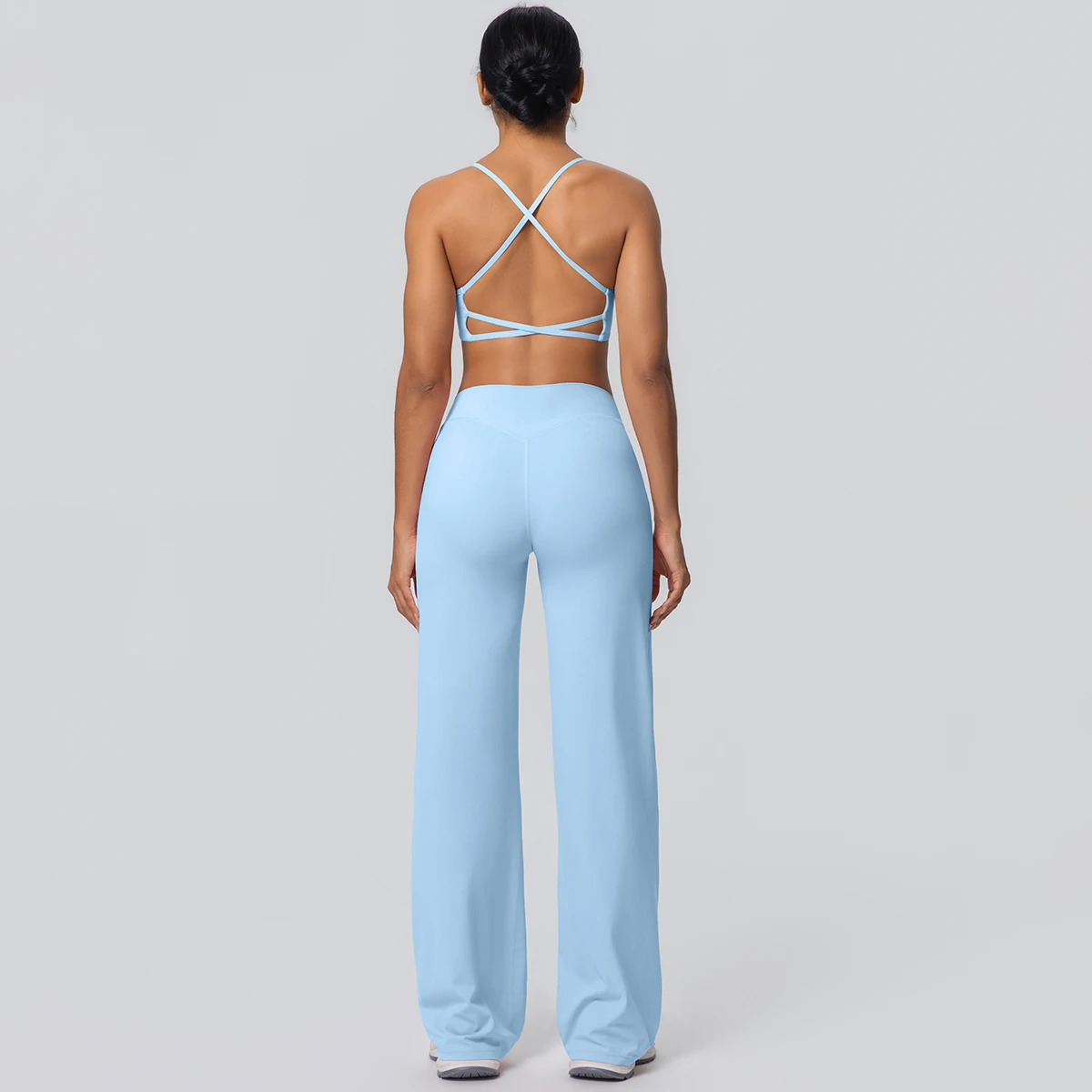 Traje de Yoga deportivo para gimnasio para mujer, ropa interior Sexy de espalda bonita con almohadilla para el pecho, pantalones de pierna ancha de cintura alta de Color sólido, conjunto de Yoga