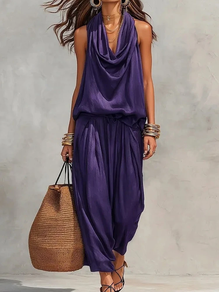 Conjunto de Dos Piezas para Mujer, Verano, Sin Mangas, Cuello Alto, Pantalones Largos, Estilo Casual, Elegante, para Vacaciones