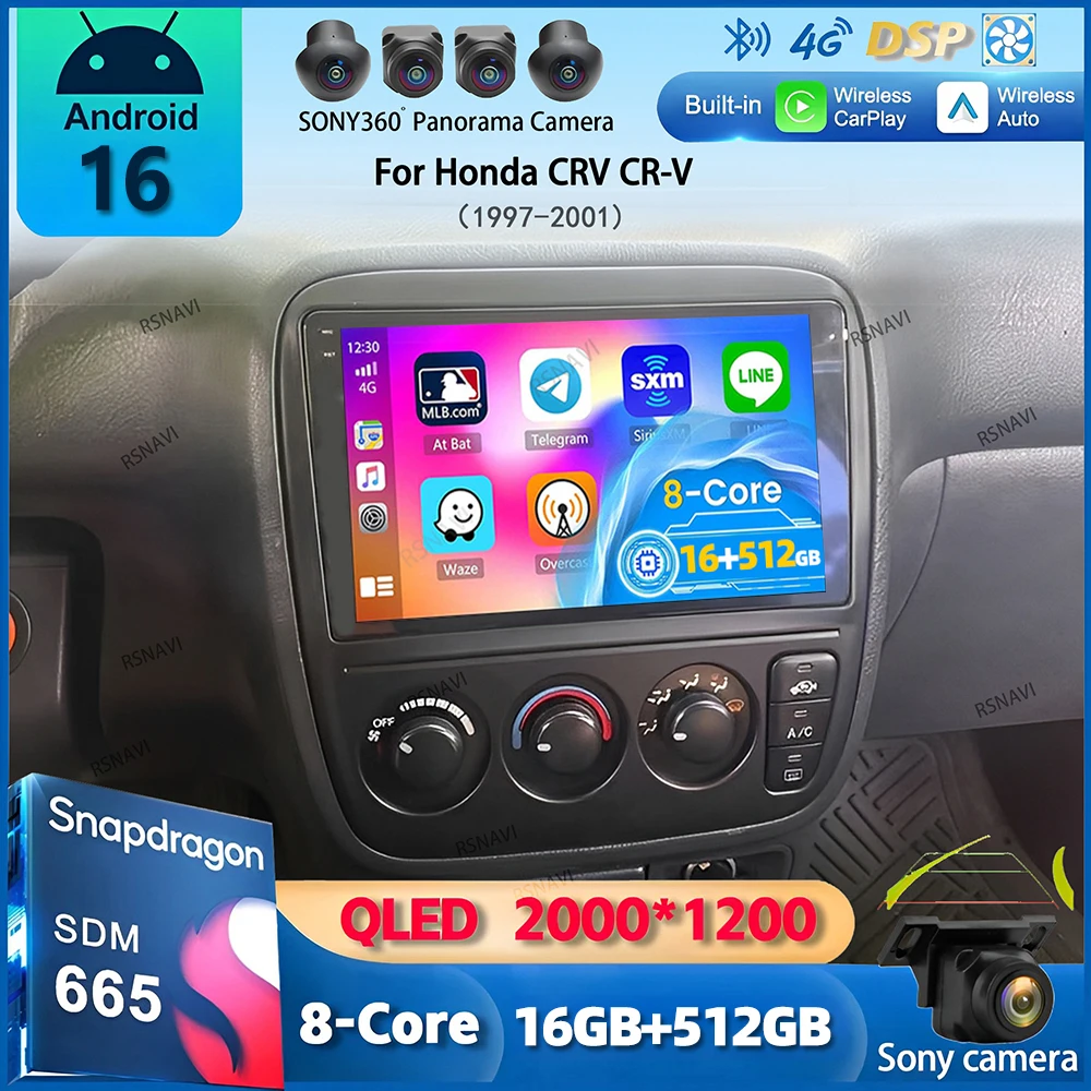 Radio para Auto Android 16 con Carplay para Honda CRV CR-V 1997-2001, Reproductor Multimedia de Video, GPS, Navegación, Autoradio Estéreo 2 Din DSP