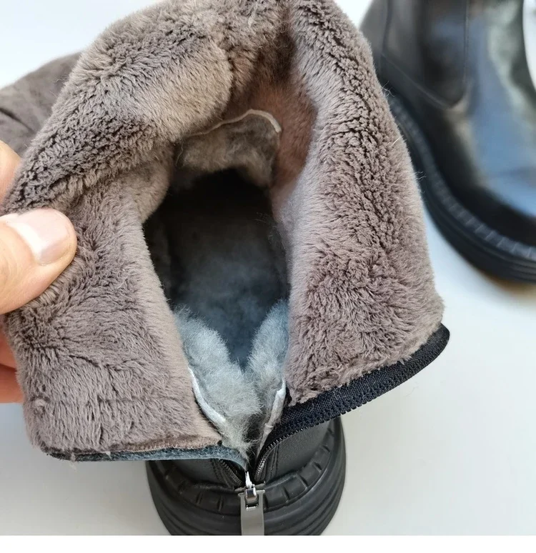 Careaymade-Botas de lana de invierno para mujer de edición ancha de cabeza grande de cuero genuino, botas individuales largas de caballero de cabeza redonda hechas a mano de piel de vaca