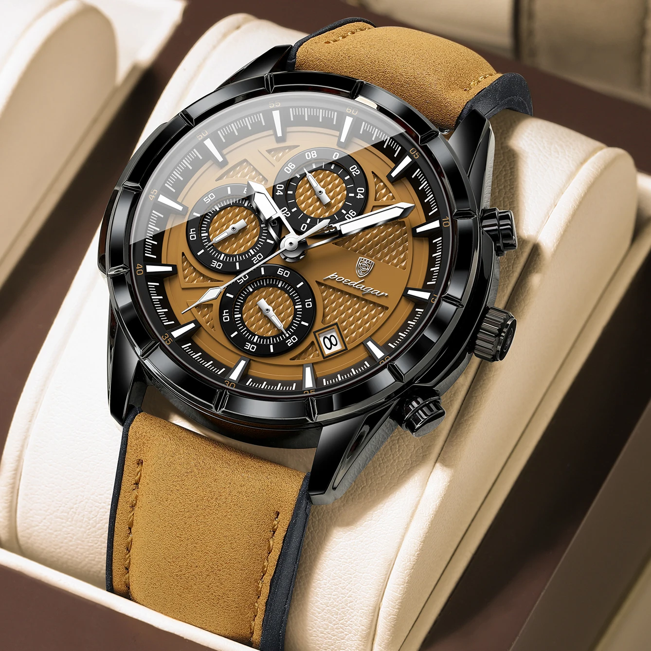 Reloj POEDAGAR Original para Hombre, Correa de Cuero, Luminoso, Resistente al Agua, Cuarzo, Fecha, Cronógrafo, Reloj de Pulsera Masculino de Moda