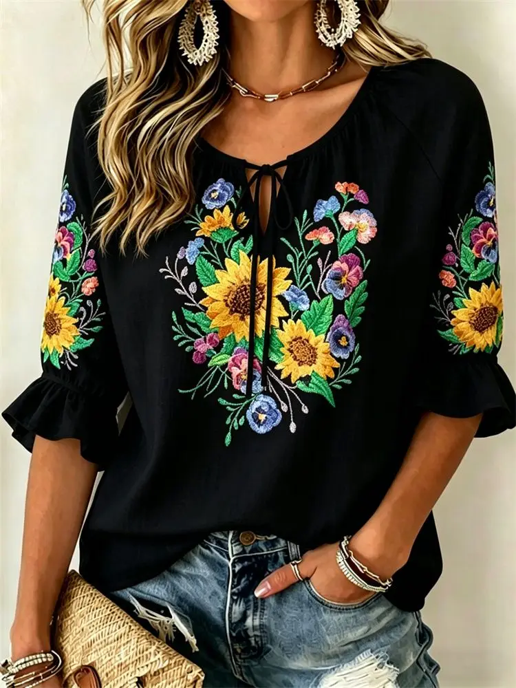 Blusa de Mujer con Estampado Floral Degradado Azul, Cuello con Lazo, Estilo Casual y Holgado para Primavera, Verano, Uso Diario y Ocasiones de Vacaciones
