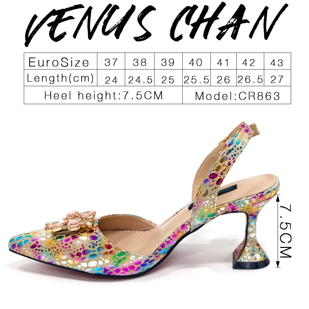 Conjunto de Tacones Elegantes con Pedrería y Bolso a Juego Venus Chan, Tacones de Bloque con Punta en Pico y Estampado Colorido para Banquetes y Salidas Nocturnas