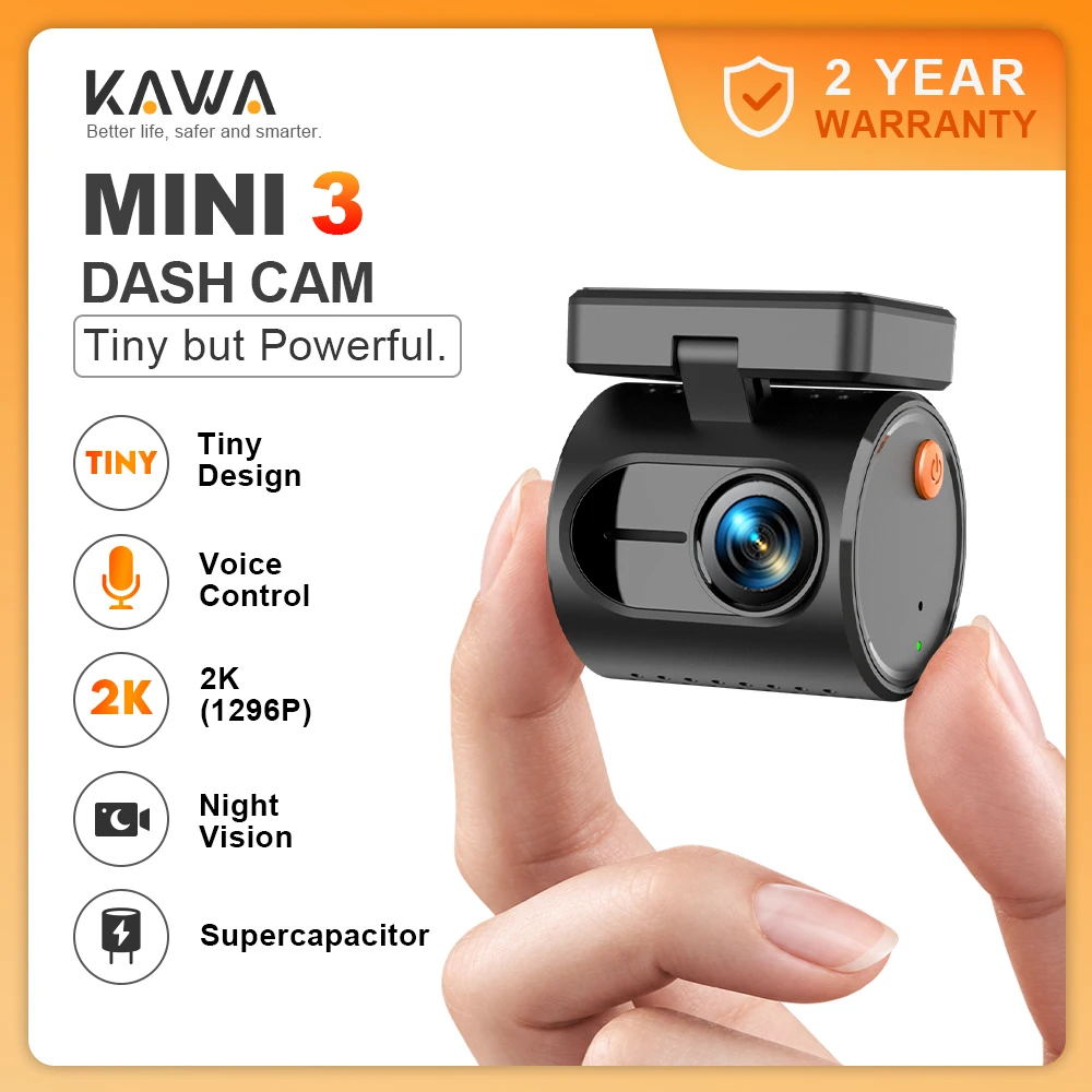Cámara de salpicadero KAWA MINI 3, compacta, 2K, 1296P, con control por voz, visión nocturna a color, cámara de vigilancia de estacionamiento 24 horas, WIFI, sensor G, supercondensador.