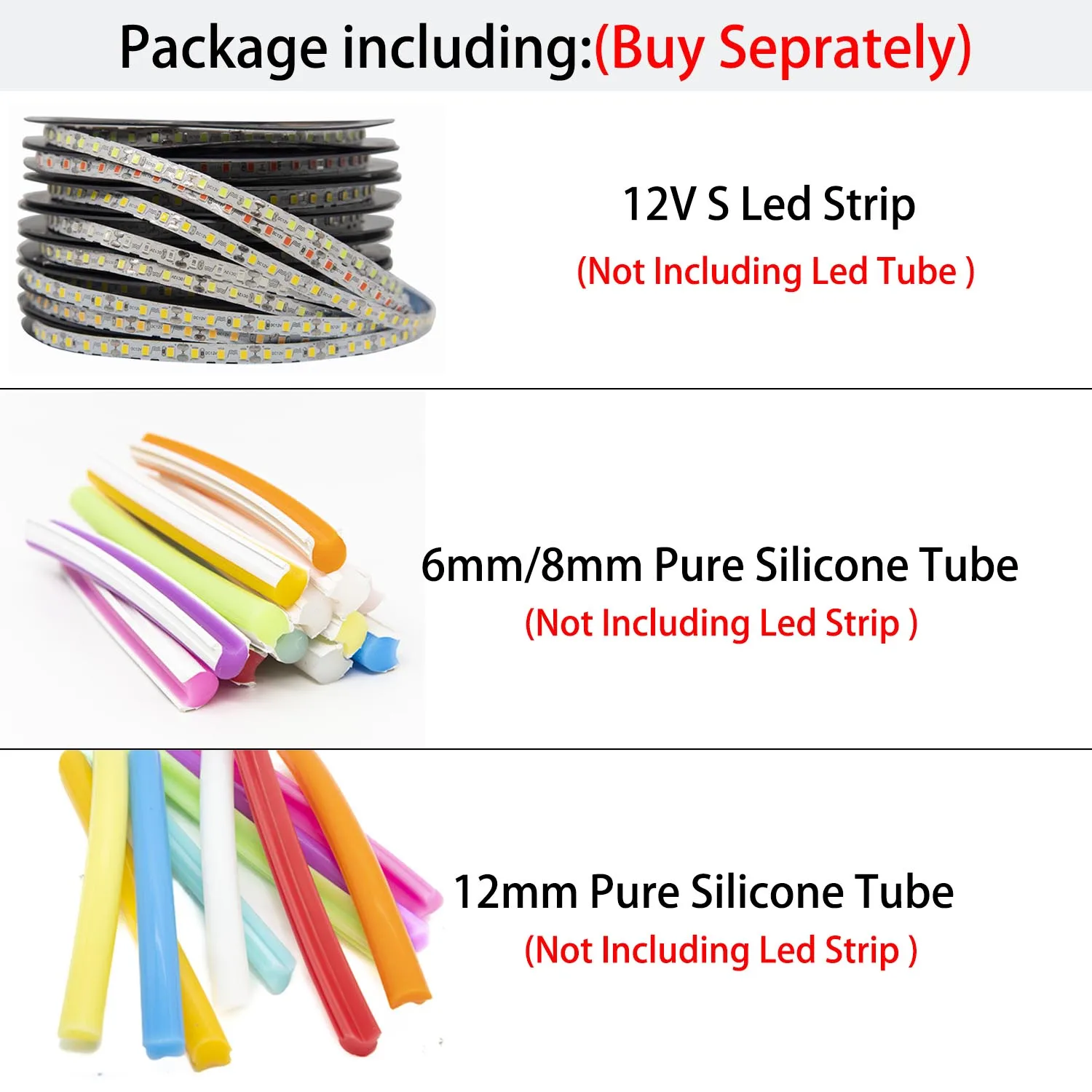 6mm 8mm 12mm S Flexible separado silicona neón 3528SMD tira de Led 12V para letrero de neón LED impermeable IP67