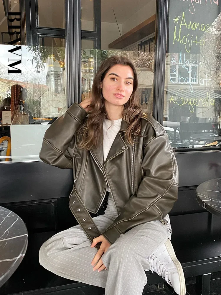 BBWM, Chaqueta corta holgada Vintage de gran tamaño de piel sintética con cinturón, ropa de calle para mujer, abrigo Retro con cremallera para motociclista, prendas de vestir