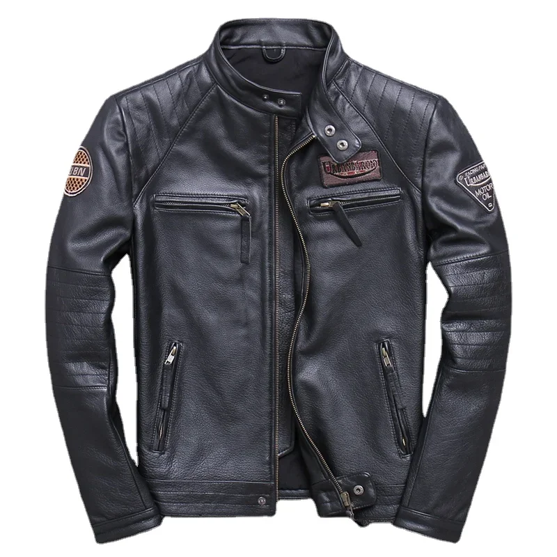 Chaqueta de motorista de cuero genuino para hombre, abrigo de piel de vaca 100% Natural, ajustado, Estilo Vintage, ropa de motorista