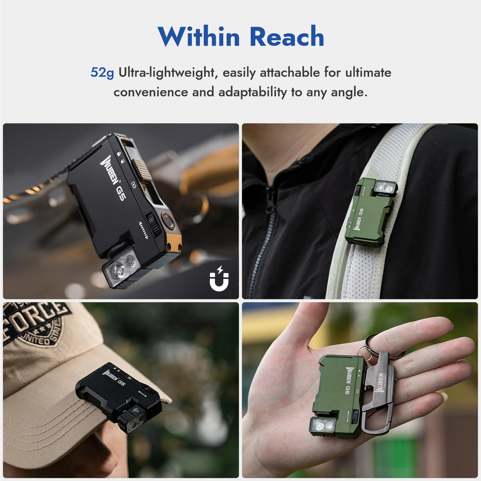 Linterna Magnética Multicolor WUBEN EDC G5 de 400 Lúmenes, Recargable por USB-C, con Llavero, Manos Libres, para Camping, Reparación de Autos, Uso Doméstico