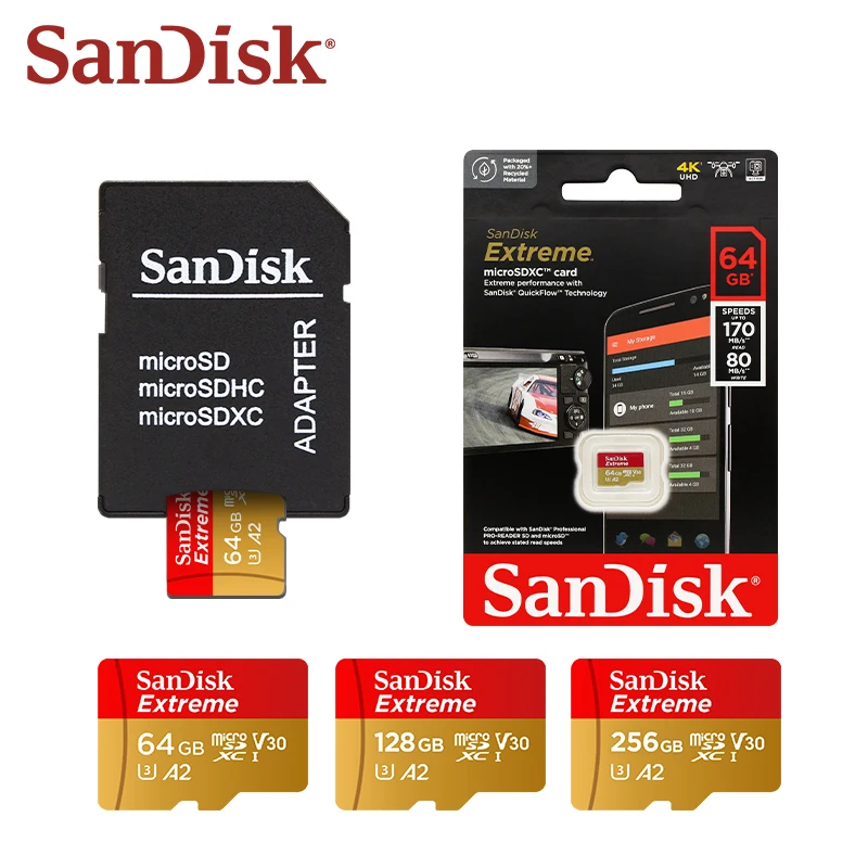 SanDisk-tarjeta Micro SD V30, 32GB, 64GB, TF Clase 10, 128GB, tarjeta de memoria extrema para cámara Drone 100% Original hasta 190 Mb/s