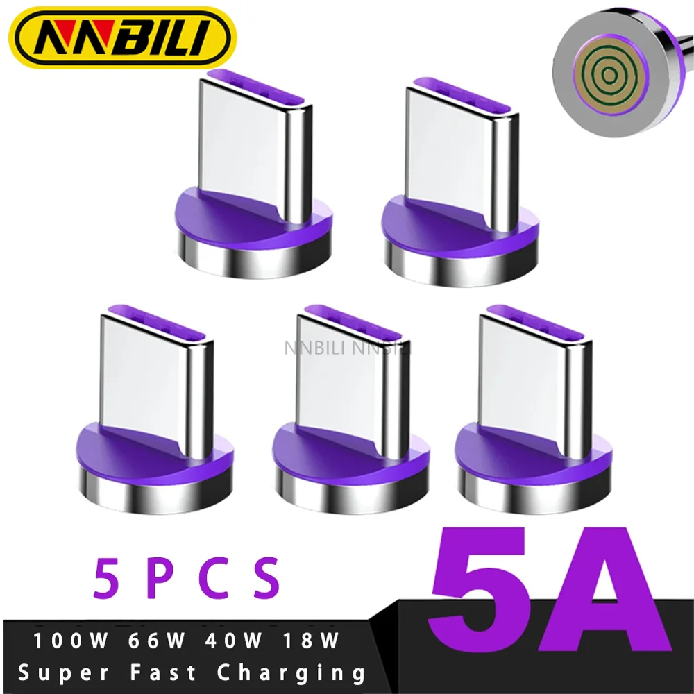 NNBILI - Juego de 5 Conectores Magnéticos Redondos de 5A para iPhone Tipo C, Conectores Micro USB C de 3A, Adaptador de Carga Rápida, Conector Magnético USB-C para Teléfono