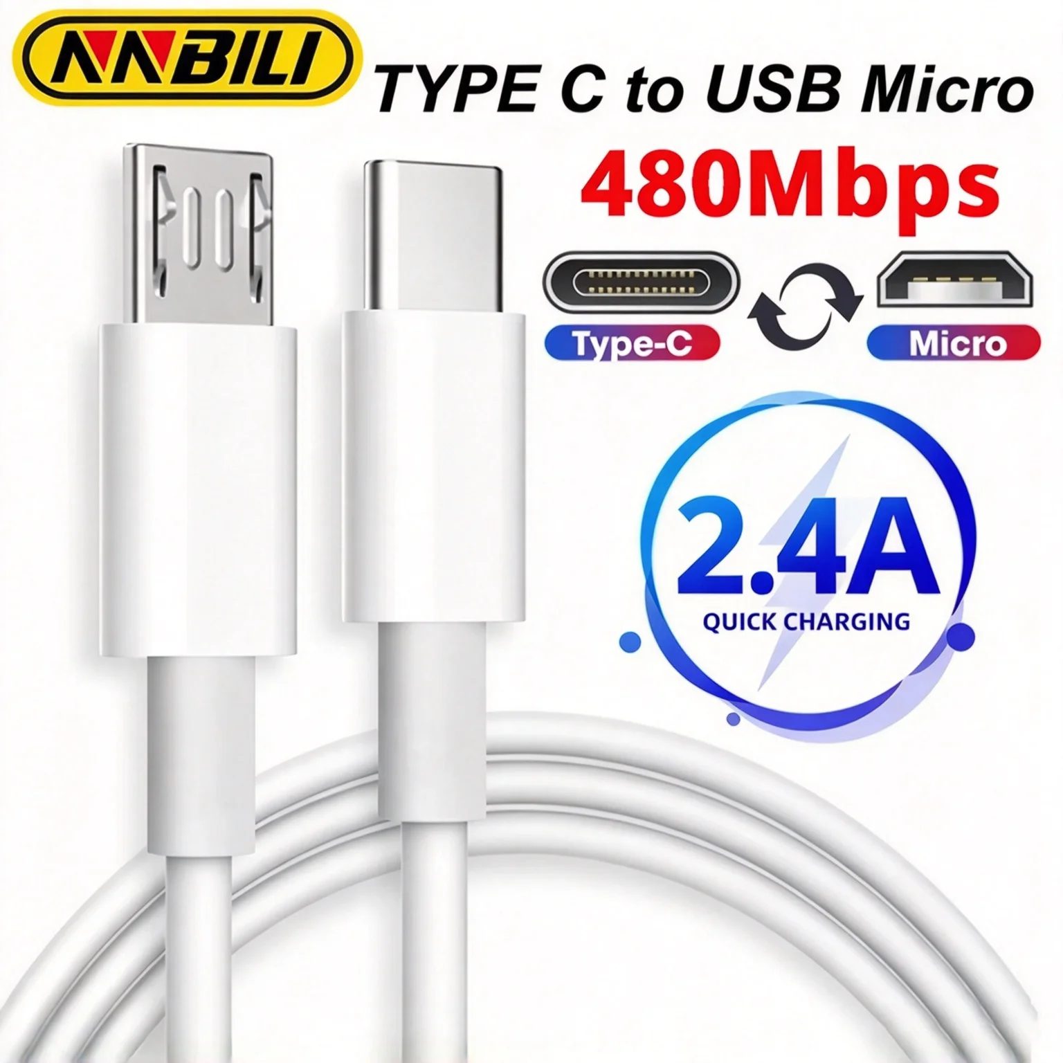 Cable de datos y carga rápida NNBILI, de USB-C a Micro USB, 2,4 A, con conector macho USB-C a conector macho Micro USB, adaptador de carga rápida para Huawei, Samsung y Xiaomi.