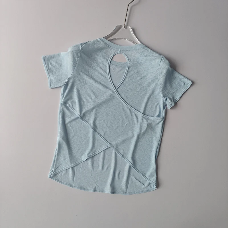 Ropa de Yoga para mujer, blusa de manga corta con Cruz hueca, malla fina, parte de atrás bonita, camisas exteriores, Top deportivo ajustado para Fitness