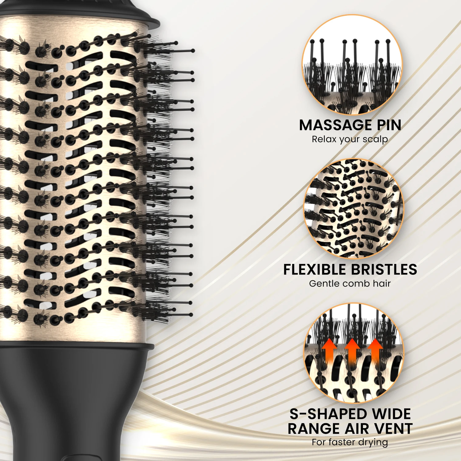 Cepillo de Aire Caliente y Voluminizador LISAPRO One-Step PLUS 2.0, Secador y Estilizador de Cabello, Nuevo Cepillo Rizador de Cabello Negro Dorado