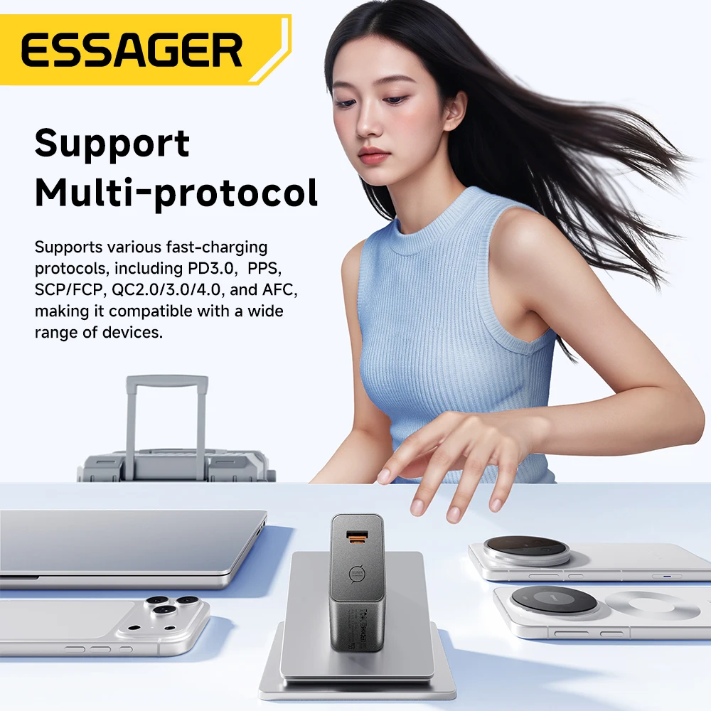 Cargador GaN ESSAGER de 65W, PD3.0, PPS, QC4.0, Totalmente Compatible con iPhone 17, 16, Samsung S26, MacBook Air, Laptop Huawei, Cargador Rápido PD
