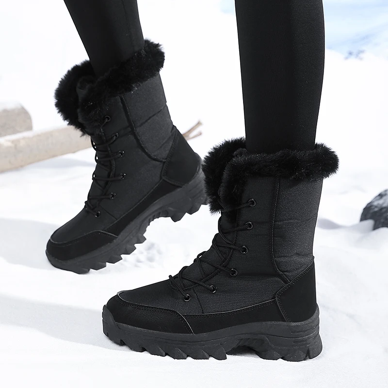 Botas de nieve de invierno para mujer, impermeables, antideslizantes, cálidas, estilo noreste, zapatos grandes de algodón, botas de esquí, forradas de lana, gruesas, resistentes al desgaste, botas altas de algodón