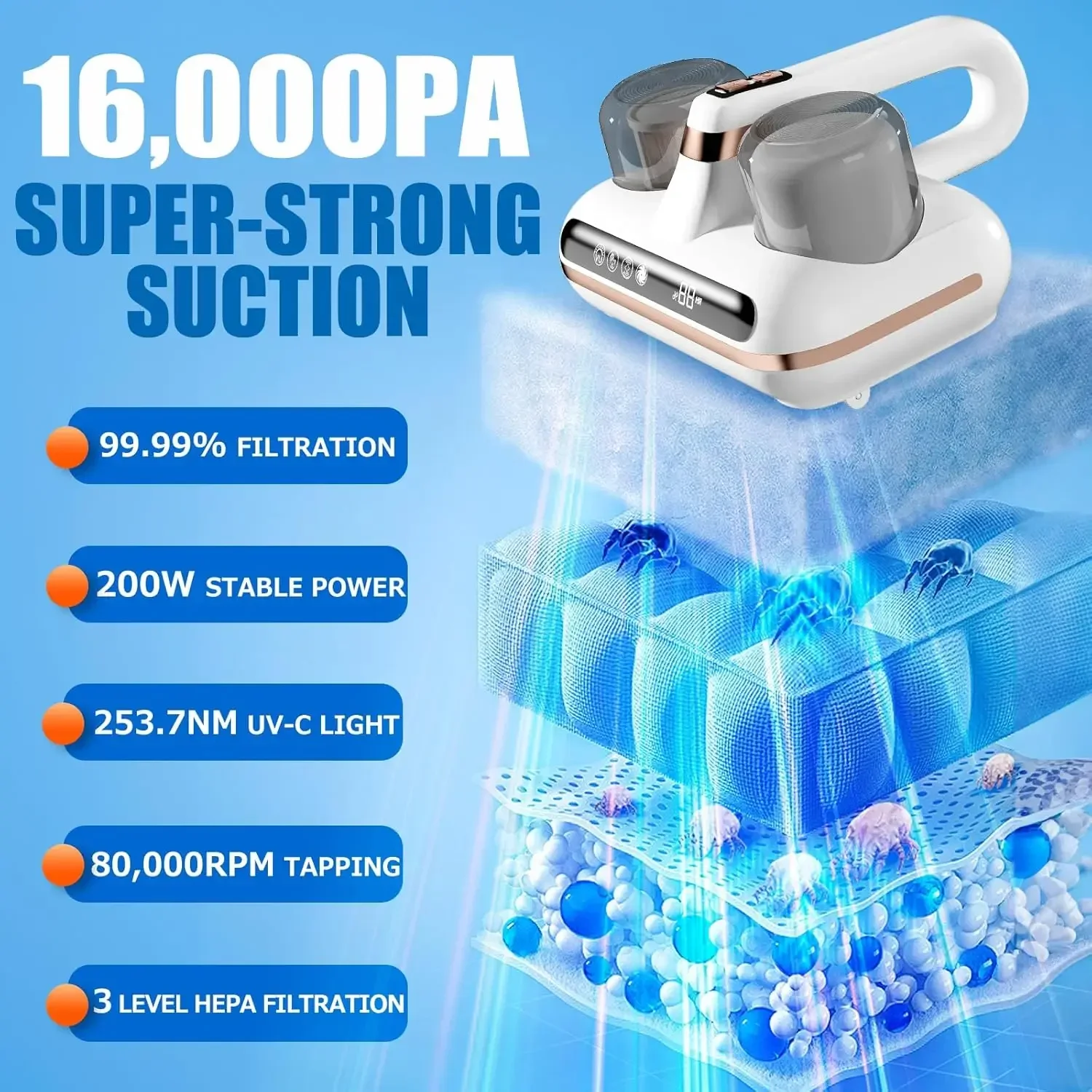 Aspirador portátil inalámbrico para cama, aspirador de mano con potente succión de 16Kpa, ligero y ultrasónico, para limpieza de sábanas y sofá