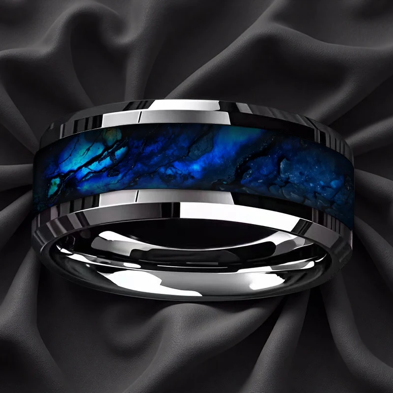 Anillo de Acero Inoxidable para Hombre SUNFLOWER 2026, Diseño de Cielo Estrellado Azul, Anillo de Boda Único, Resistente a la Decoloración, Pulido, con Doble Bisel