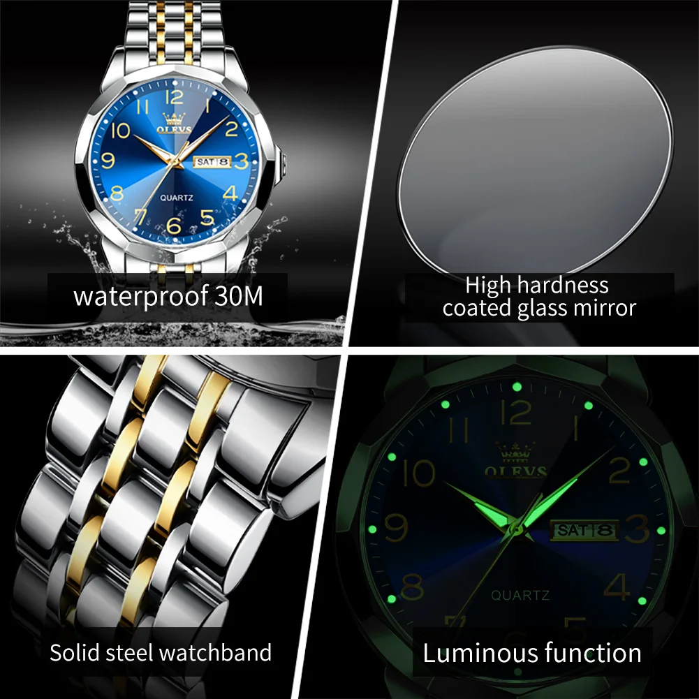 OLEVS 9970 reloj para hombre marca Original reloj de cuarzo luminoso resistente al agua espejo rombo reloj de acero inoxidable con fecha y día con caja
