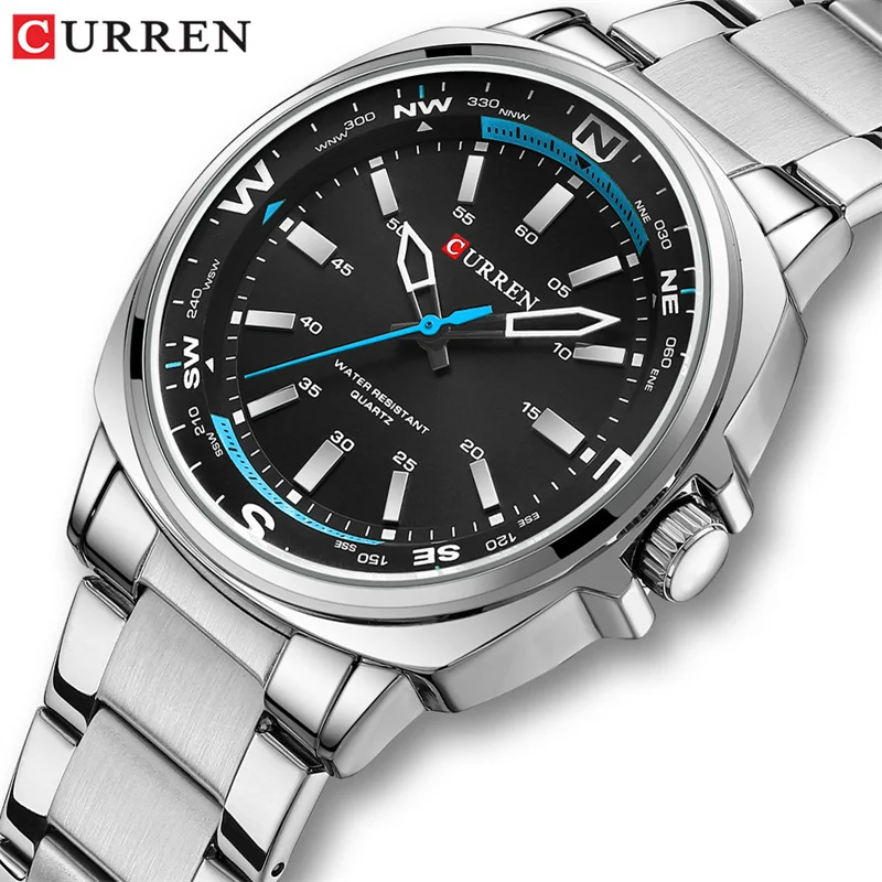 Reloj de Cuarzo CURREN 8455 para Hombre, Diseño Elegante, Correa de Acero Inoxidable, Luz Nocturna, Resistente al Agua, Reloj de Lujo para Hombre