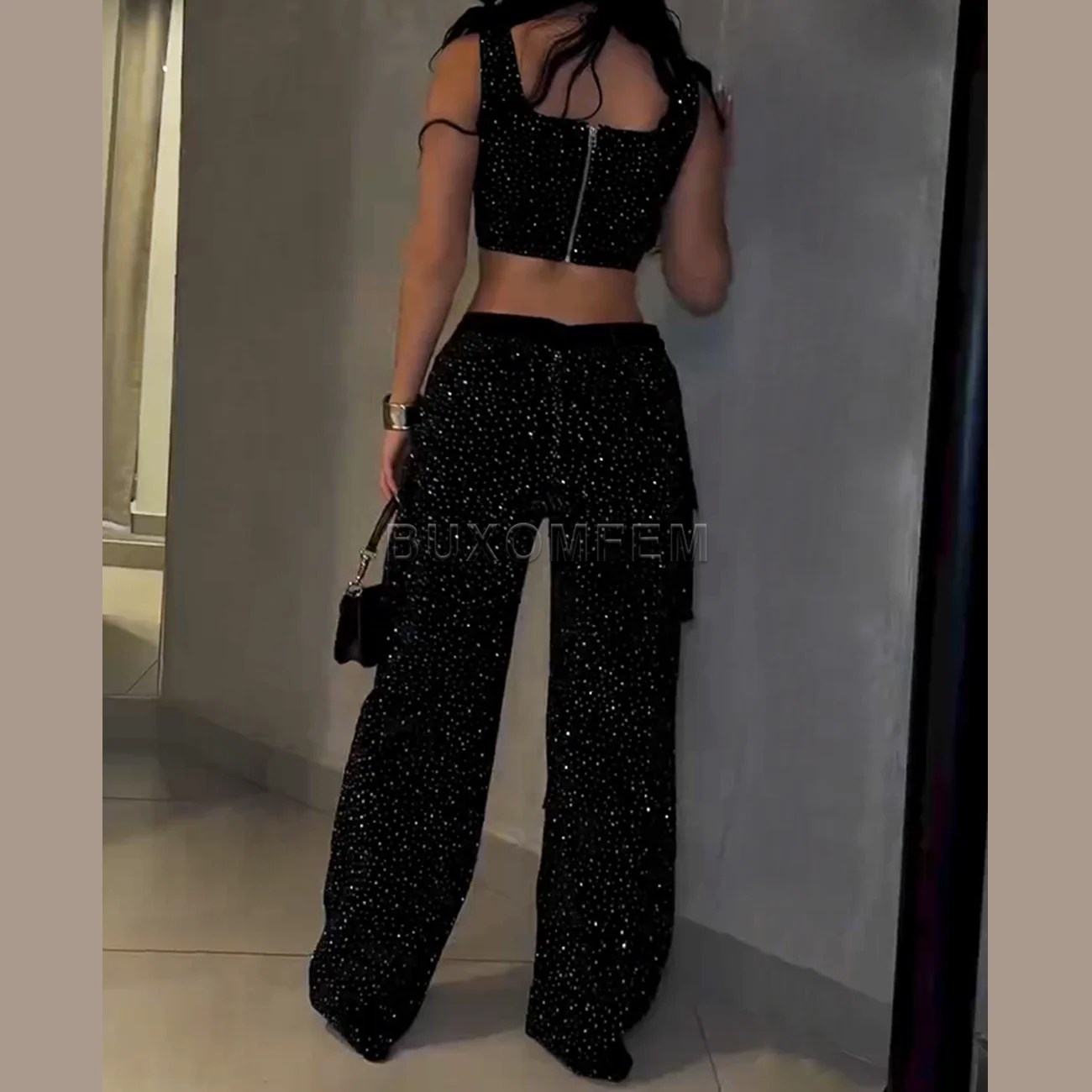 Conjunto de pantalones de trabajo con correa de diamante para mujer, pantalones Push Up a la moda, monos vaqueros para mujer, ropa de calle, ropa de fiesta de noche