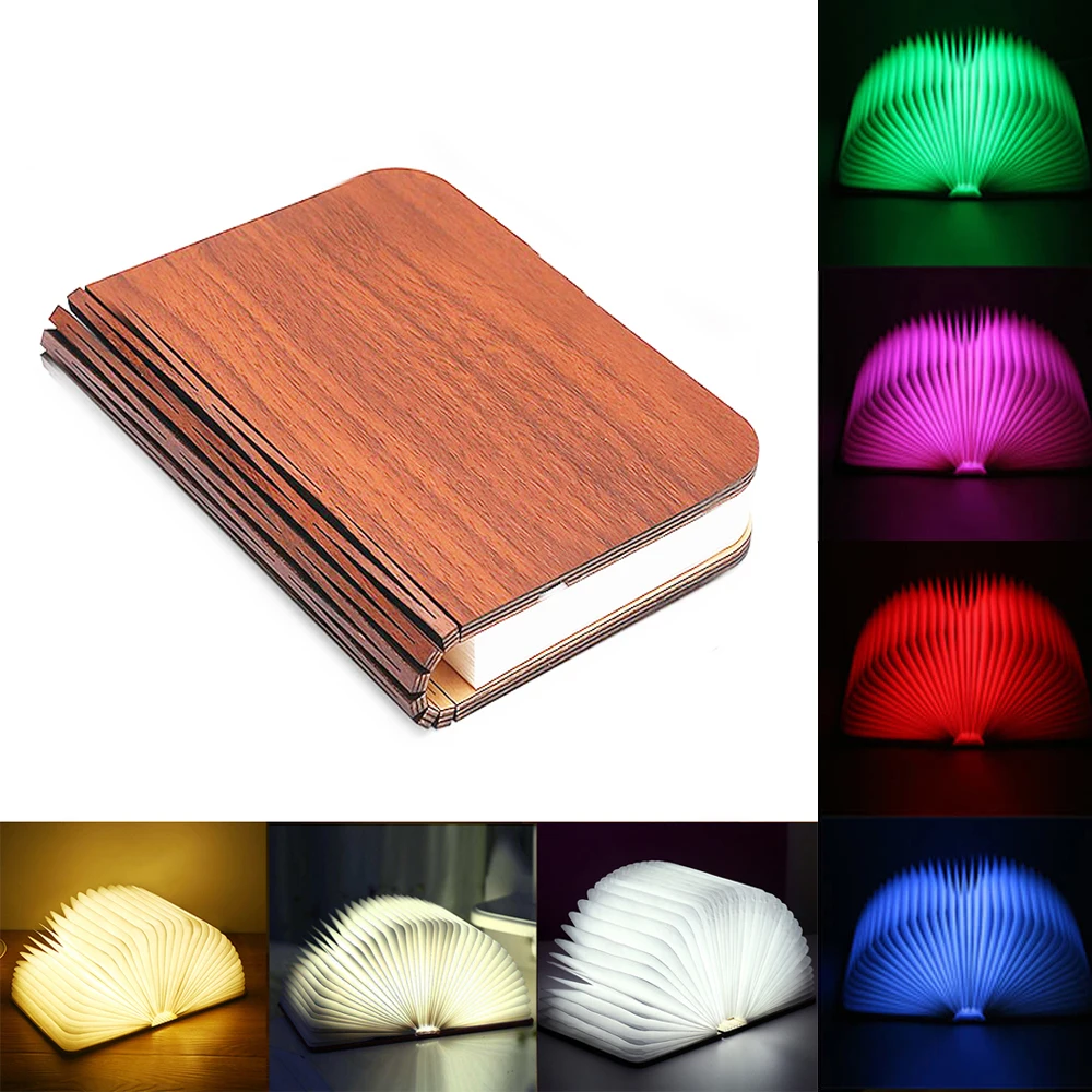 Luz LED nocturna de libro plegable de madera 3D, 3/5 colores de iluminación, 5V, recargable por USB, lámpara de mesa de escritorio magnética, decoración de cabecera de dormitorio