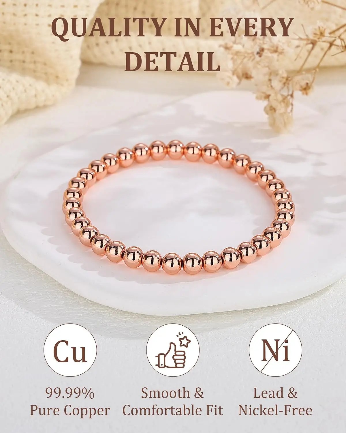 ARADOO Pulsera de cuentas de cobre puro para mujeres y hombres, regalos de joyería