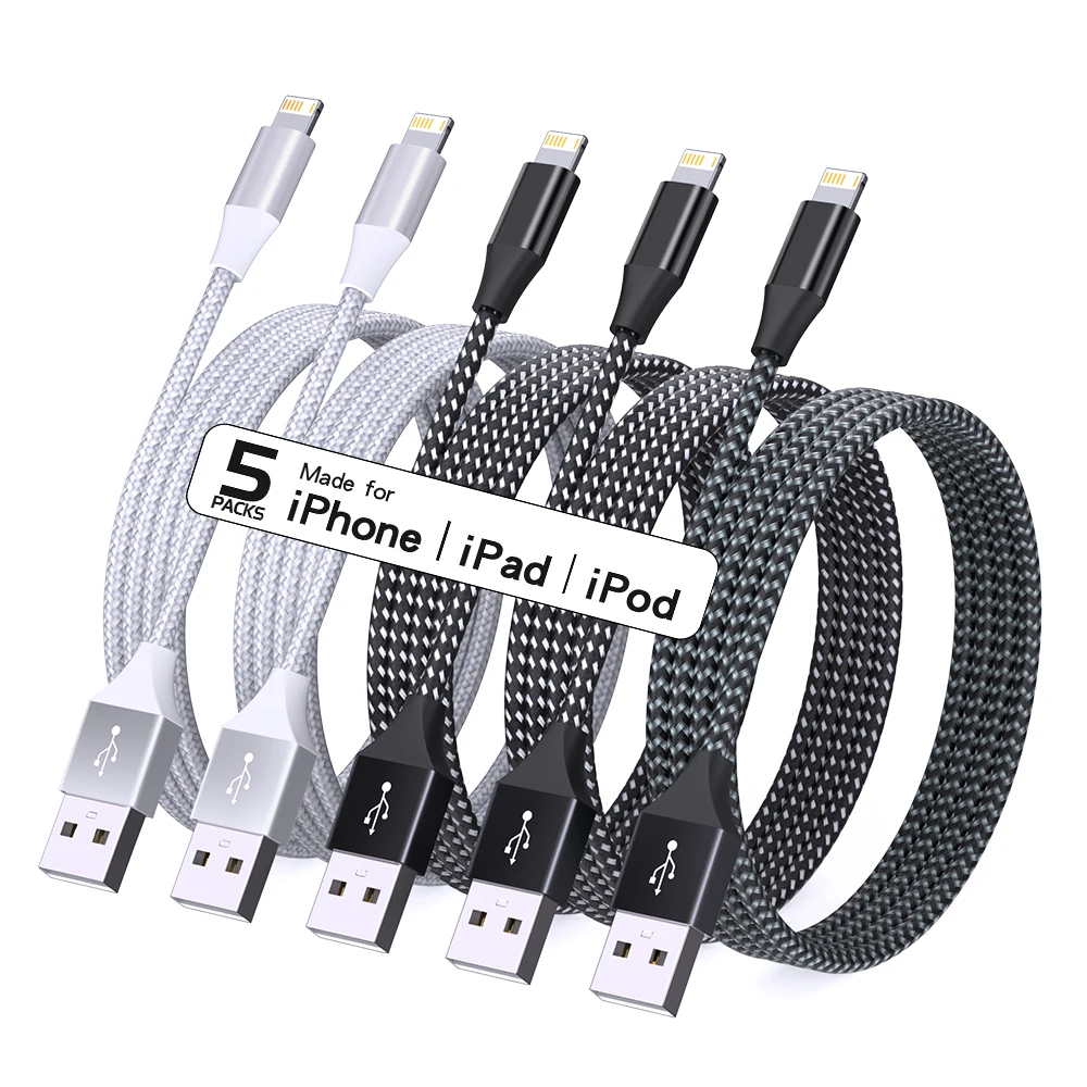 Paquete de 5 cables USB a Lightning para iPhone 14, 13, 12, 11 Pro Max, X, XS, XR, cable de carga rápida de 12W, cable de datos, cable USB C para iPhone