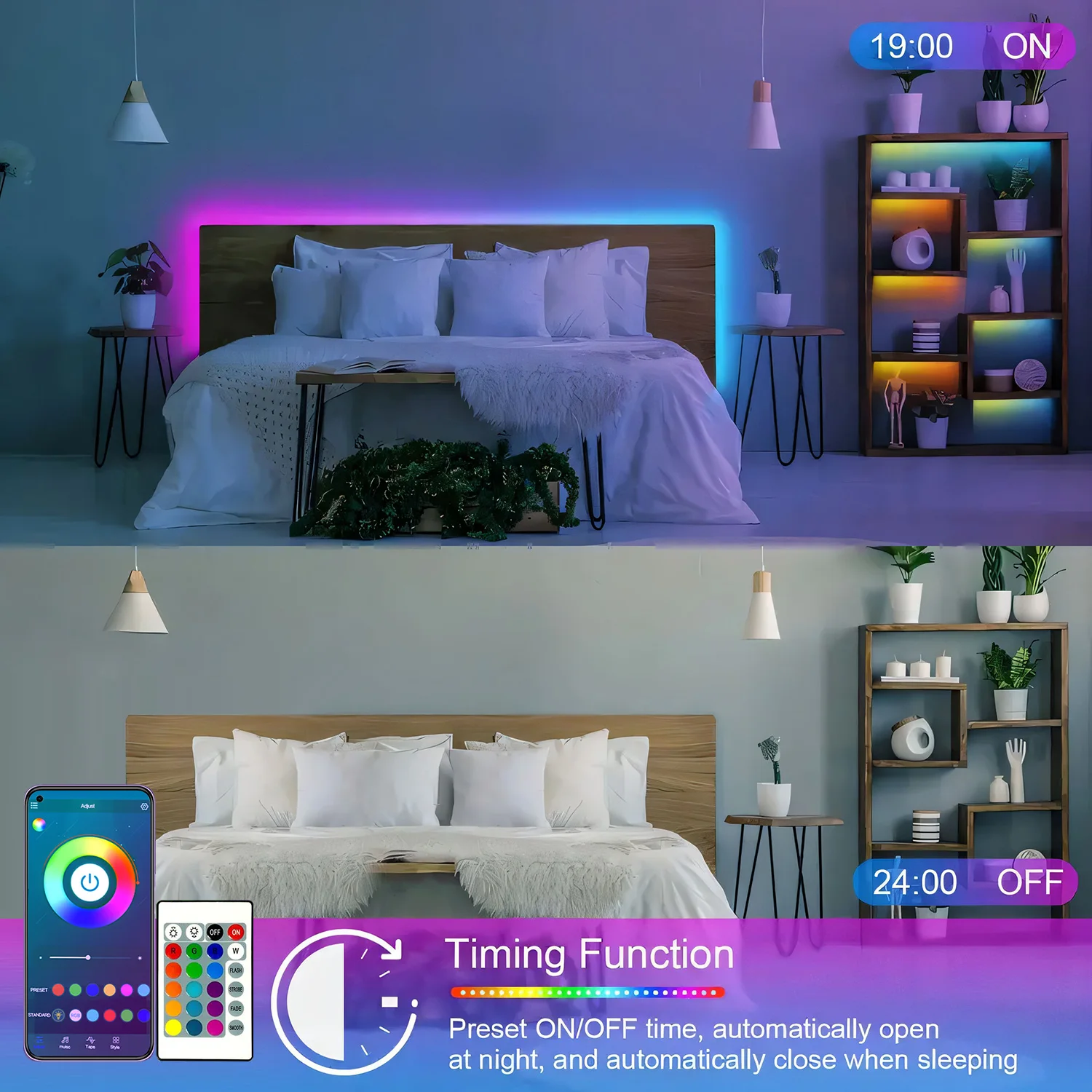 Tiras de luces LED para dormitorio de 100 pies, juego de tiras de luces LED de colores, con control remoto de 24 teclas y control de aplicación inteligente, iluminación sincronizada con la música RGB, adecuadas para habitaciones, decoración del hogar