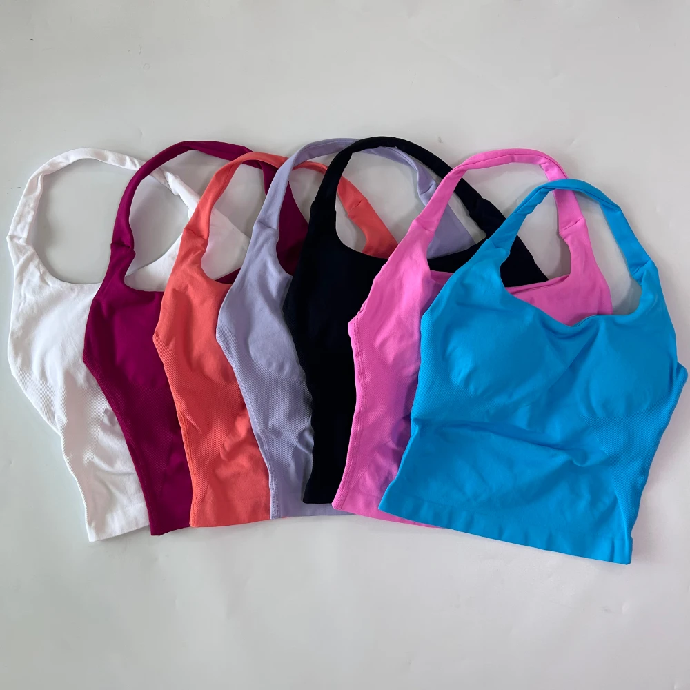 Top sin costuras con cuello Halter para mujer, Top de gimnasio acolchado con tiras y palangre sin espalda, sujetador incorporado, copas extraíbles, ropa deportiva, camisetas sin mangas para Yoga