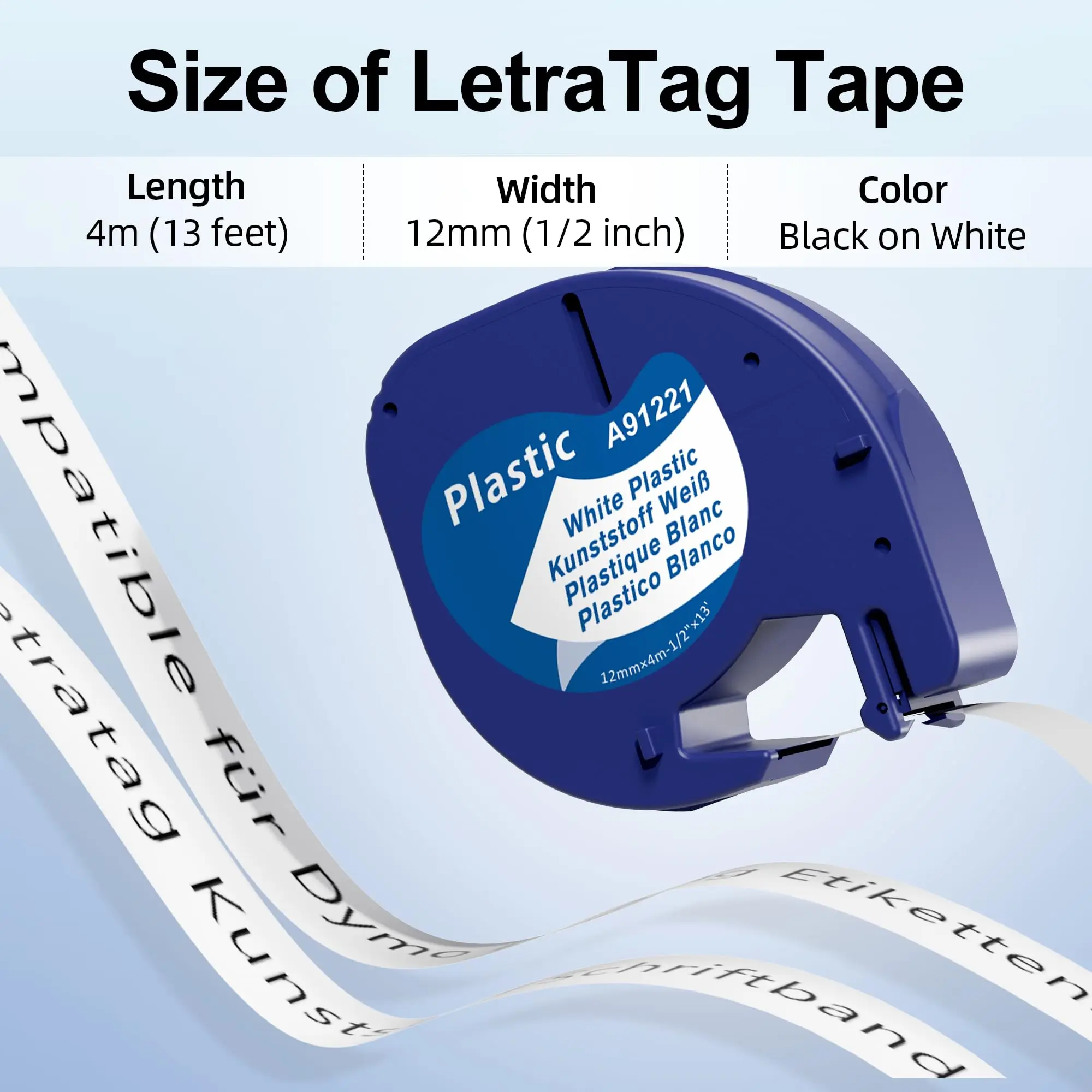 Para cinta de etiquetas Letratag, cartucho de plástico/papel/tela de 12mm, negro sobre blanco 91201 para Dymo LetraTag LT-100H Labelmaker 200B QX50
