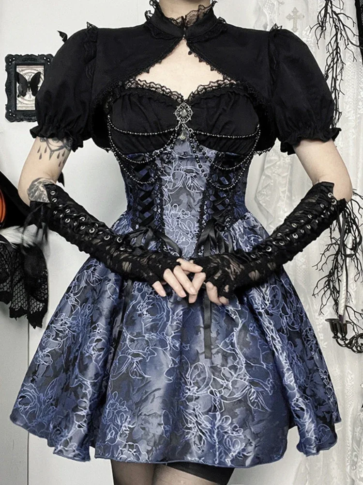 AltGoth-vestido gótico oscuro de Lolita para mujer, ropa de calle Harajuku, Hada estética Grunge, encaje de retales, vendaje, corsé, ropa de fiesta