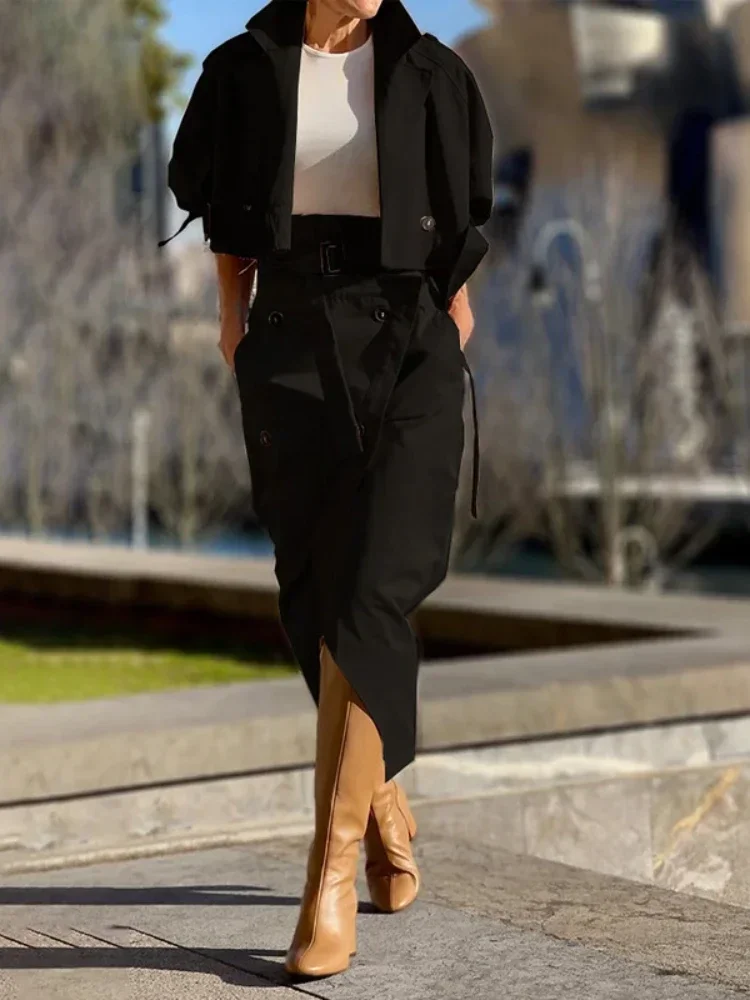 Conjuntos de dos piezas a la moda, chándal de oficina para mujer, ropa de calle, conjunto de carga, chaqueta de manga larga y traje envolvente con faldas con abertura alta