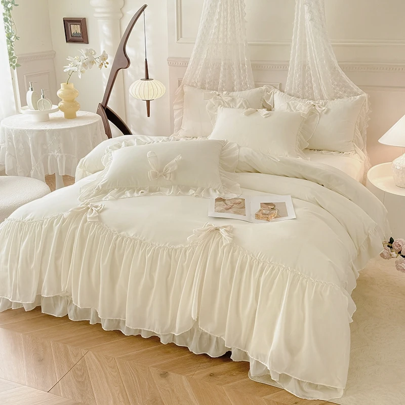 Juego de cama blanco de 3 uds., funda nórdica con volantes (1 funda nórdica + 2 fundas de almohada, sin núcleo) para dormitorio y habitación de invitados