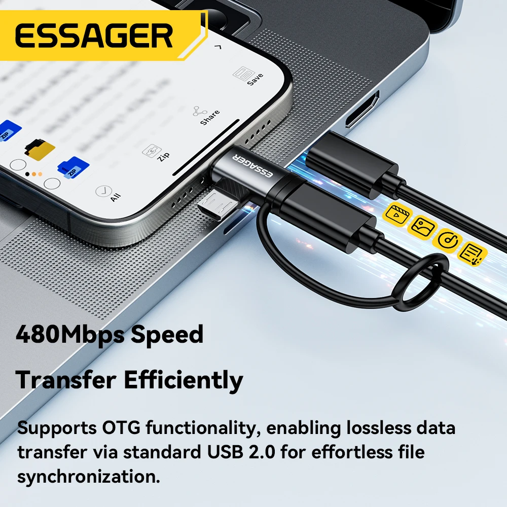Essager 2 en 1 iluminación/Micro adaptador de carga rápida USB tipo C conector hembra para iPhone 17 16 15 14 13 12 11 convertidor de IPad