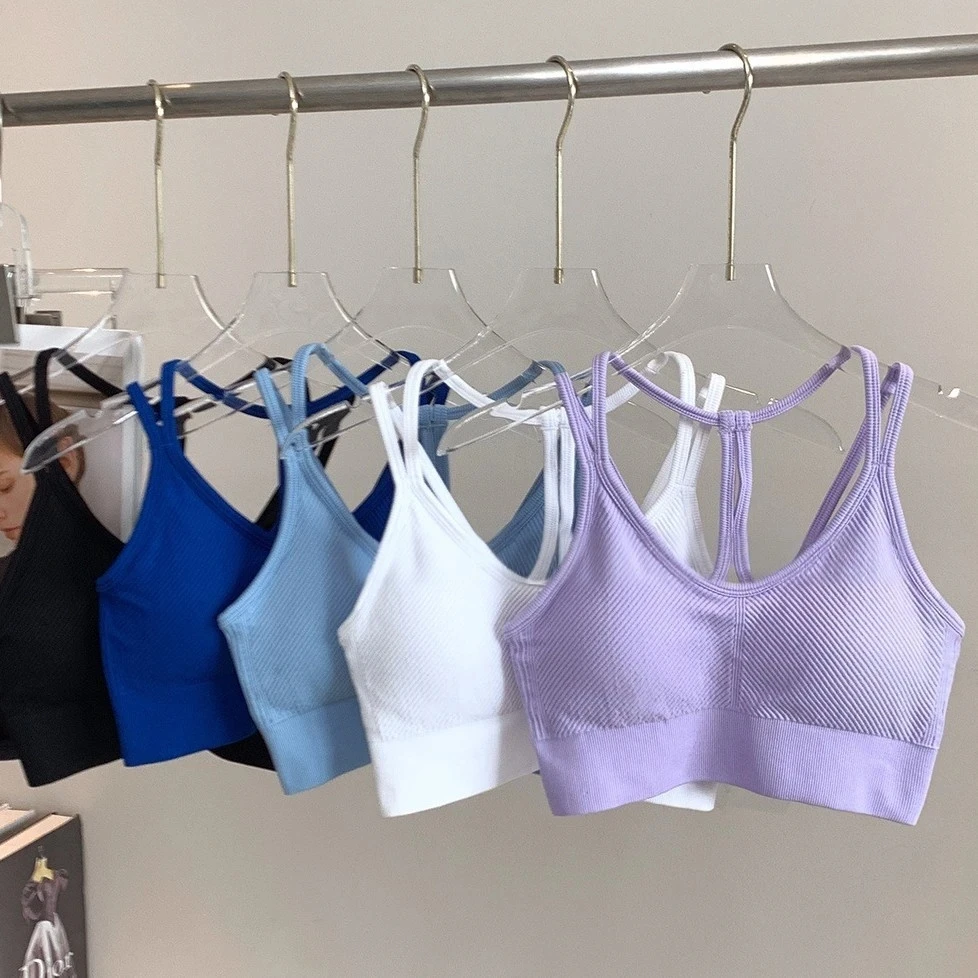 Camiseta sin mangas para sujetador deportivo con tirantes finos y espalda descubierta elástica sin costuras para mujer, con almohadillas para sujetador para yoga y fitness