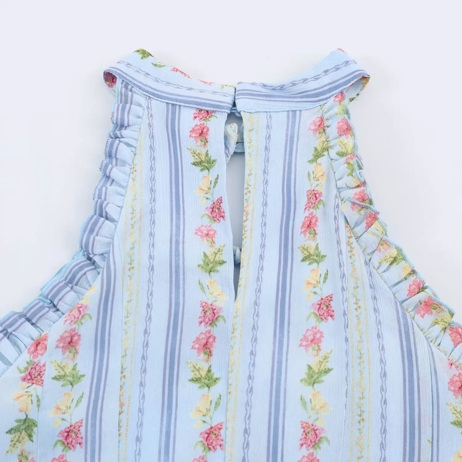 Vestido Halter Vintage BSAY con Estampado Floral y Rayas, con Volantes, Abertura Frontal con Lazo, Sin Mangas, Mini Vestido Ajustado para la Playa o Vacaciones