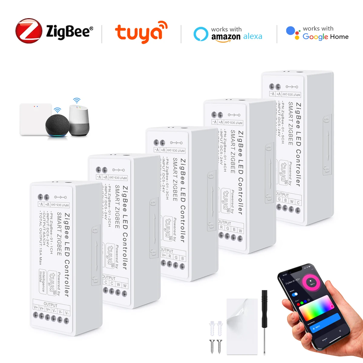 Tira de luces LED con WiFi, controlador Zigbee 3,0, DC5V-24V, Tuya, CCT, RGB, RGBW, RGBCCT, COB, atenuador inteligente regulable