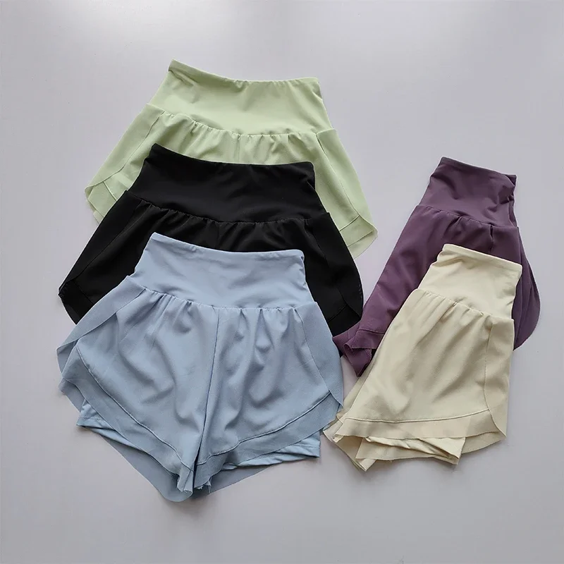 Pantalones cortos deportivos de cintura alta para mujer, pantalones cortos de malla transpirables de doble capa de secado rápido para gimnasio, Fitness, correr, ciclismo y Yoga, verano