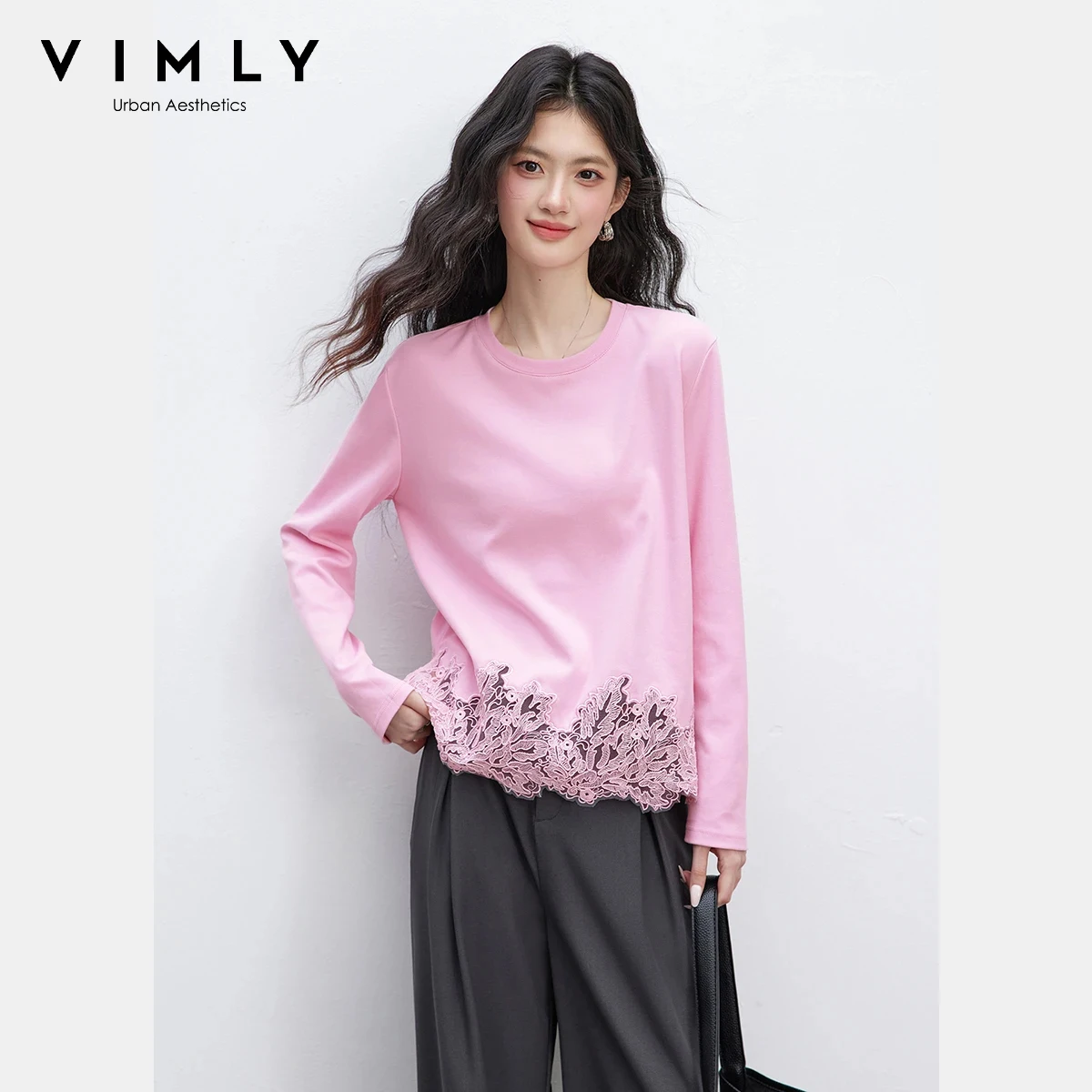 VIMLY Camisetas informales para mujer, primavera 2026, nueva moda, cuello redondo, ribete de encaje en contraste, Top holgado y versátil de manga larga A3980