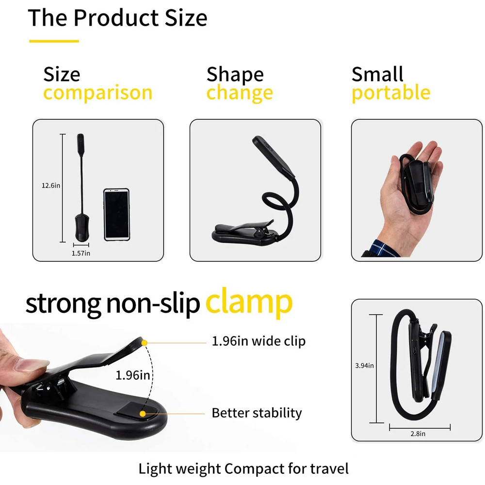 Luz de libro de 7 LED, luz de lectura recargable por USB, luz blanca cálida y fría de 3 niveles, lámpara de lectura nocturna portátil, Flexible y fácil Clip