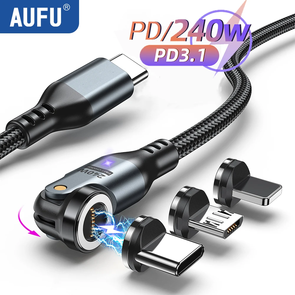 AUFU-Cable magnético tipo C de 240W, supercarga PD3.1 para MacBook, PC, Samsung, Xiaom, iPhone 5A, Cable cargador magnético de USB-C de carga rápida